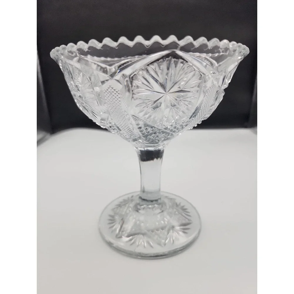 Vintage Clear Pressed Glass Pedestal Compote Candy Dish Sawtooth Starburst 6 1/2